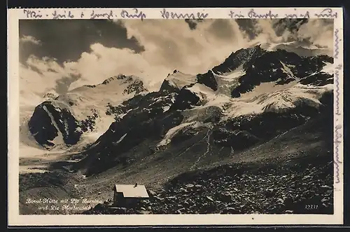 AK Boval-Hütte, Berghütte mit Piz Bernina und Piz Morteratsch