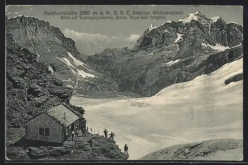 AK Mutthornhütte, Berghütte ü. M. S. A. C. Sektion Weissenstein mit Blick auf Tschingelgletscher, Eiger und Jungfrau