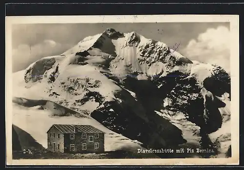 AK Diavolezzahütte, Berghütte mit Piz Bernina