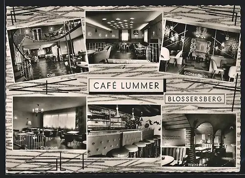 AK Blossersberg, Café Lummer mit blauem und grünem Salon, Clubraum, Bar und Weinkeller