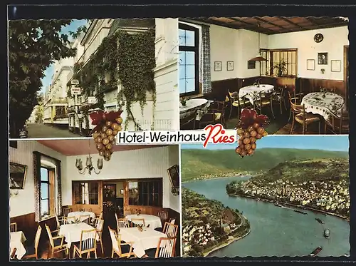 AK Boppard, Hotel-Weinhaus Ries, Rheinallee 43, Inneres und Panorama mit Rhein