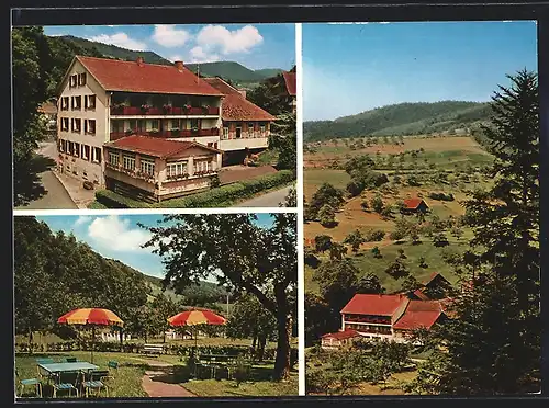 AK Oberharmersbach-Riersbach, Gasthaus und Pension Sonne, Gartenpartie, Hügelpanorama