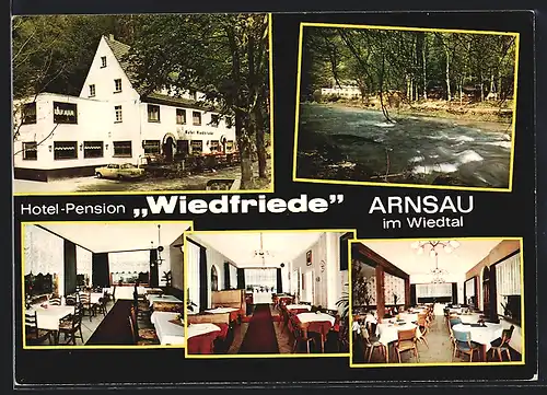 AK Arnsau im Wiedtal, Hotel-Pension Wiedfriede, Innenansichten, Uferpartie