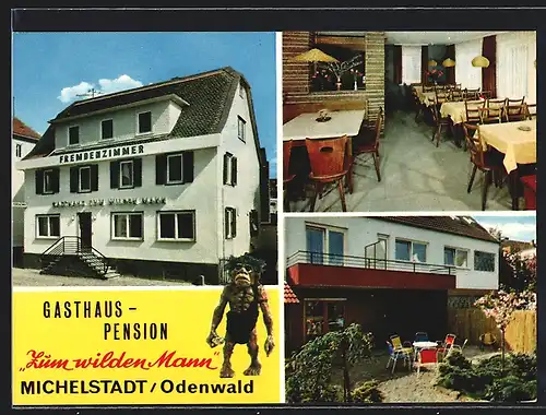 AK Michelstadt /Odenwald, Gasthaus-Pension zum Wilden Mann, Maskottchen, Speisezimmer, Erbacher Str. 10