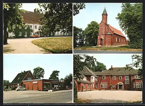 AK Sarau üb. Eutin, VW Käfer neben einem A&O Markt, Ziegelstein-Kirche