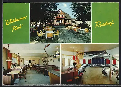 AK Rosdorf / Kellinghusen, Gasthaus Waidmanns Ruh, auf der Terrasse, im grossen Saal