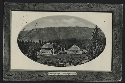 Präge-AK Schlingelbaude im Riesengebirge, im Holzimitats-Passepartout