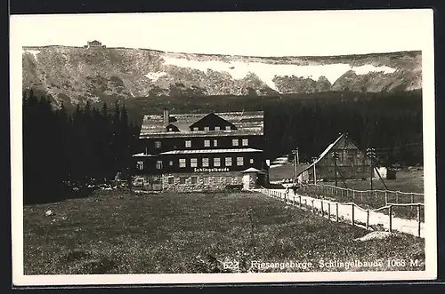 AK Schlingelbaude im Riesengebirge mit Blick auf die Prinz-Heinrichbaude auf dem Hochgebirgskamm