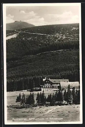 AK Schlingelbaude mit Schneekoppe im Riesengebirge