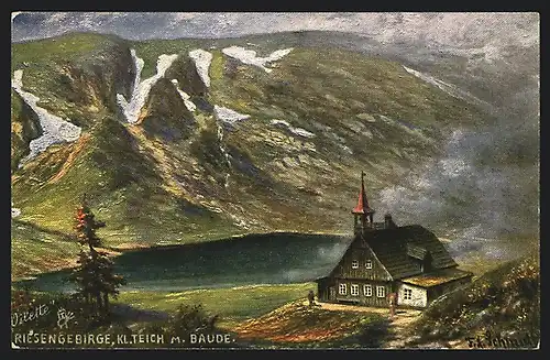 Künstler-AK Teichbaude, Kl. Teich mit Baude aus der Vogelschau