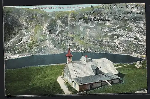 AK Teichbaude, Der kleine Teich mit Baude aus der Vogelschau