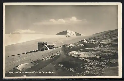 AK Rennerbaude und Wiesenbaude im Winter, Blick zur Schneekoppe