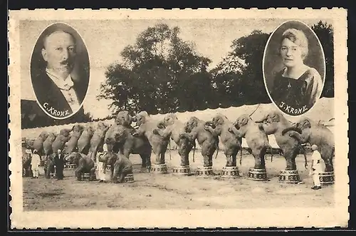 AK Zirkus Krone, Elephantenshow, Portraits des Ehepaares