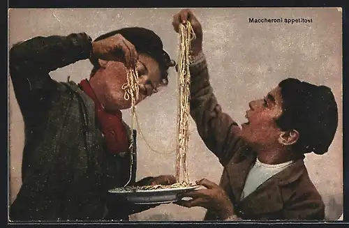 Künstler-AK Napolitaner essen Spaghetti