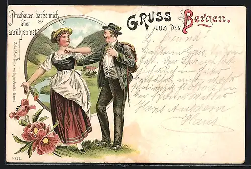 Lithographie Anschauen darfst mich aber anrühren nicht Bergsteiger & Frau im Dirndl