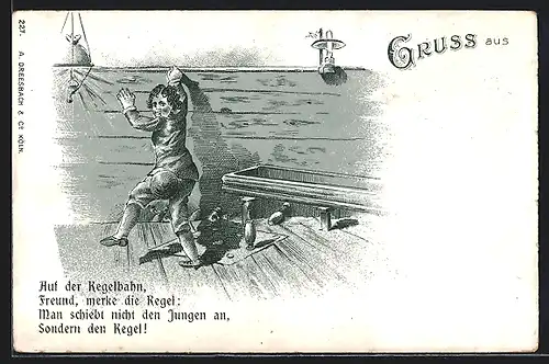 Lithographie Junge wird beim Kegeln von einer Kugel abgeworfen