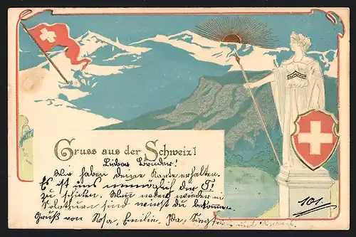 Präge-AK Helvetia mit Speer und Wappen, Schweizer Fahne bei Sonnenaufgang