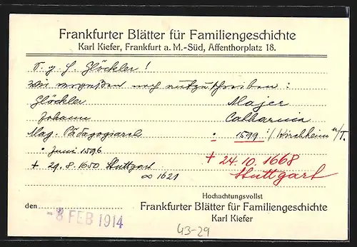 AK Frankfurter Blätter für Familien-Geschichte, Süddeutsche Zeitung, Karl Kiefer in Frankfurt a. M., Affenthorplatz 18