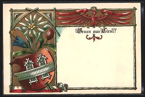 Künstler-AK Wappen aus Tirol, Roter Adler und Wildblumen