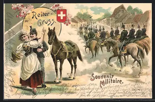 Lithographie Schweizer Soldat umschwärmt eine Dame, Soldaten ziehen durch die Stadt