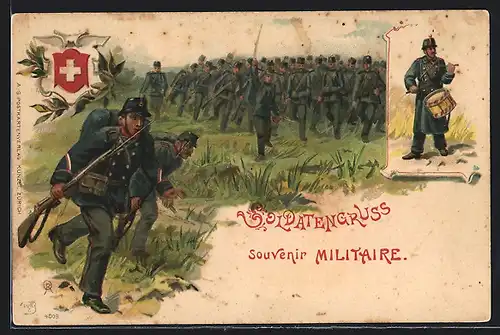 Lithographie Soldatengruss, Schweizer Infanterie im Feld