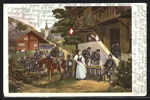 Lithographie Schweizer Soldaten bei der Rast