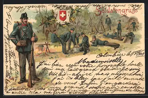 Lithographie Schweizer Soldaten beim Kochen auf dem Feld