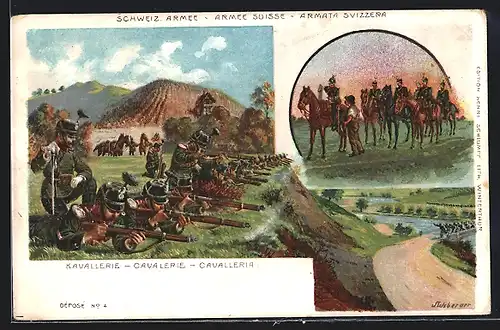 Lithographie Schweizer Armee, Kavallerie in Feuerstellung lauert dem Feind auf