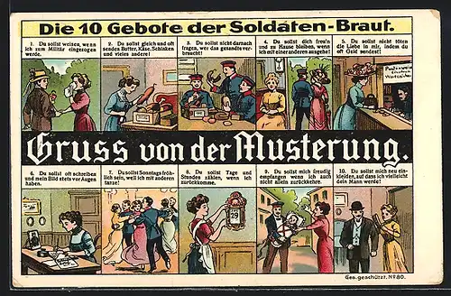 Künstler-AK 10 Gebote der Soldaten-Braut, Gruss von der Musterung