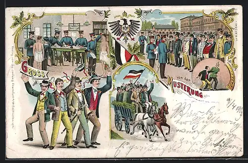 Lithographie Gruss von der Musterung, Soldaten bereiten sich auf Ihren Abschied vor, Preussischer Adler