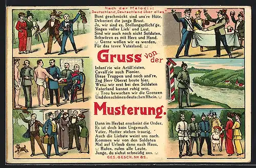 AK Gruss von der Musterung, Soldat in Uniform mit Gewehr, Musterung, Abschied