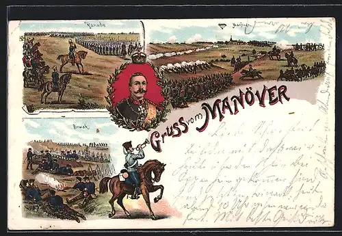 Lithographie Soldaten vom Kaisermanöver bei Parade und Biwak