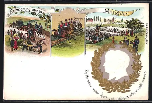 Lithographie Erinnerung an das Kaisermanöver mit Bildnis des Kaiserpaares