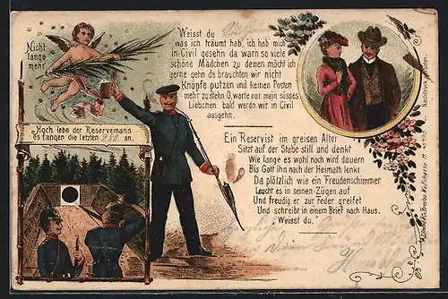 Lithographie Hoch lebe der Reservemann, Reservist beim Zielschiessen, mit Engel und Bierkrug und als Zivilist mit Gattin