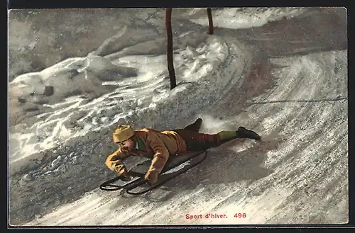 AK Sprot d`hiver, Mann auf Schlitten in der Kurve