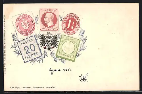 Lithographie Briefmarken von Sachsen, Hannover, Schleswig, Deutsche Reichs-Post und Postes-Centimes