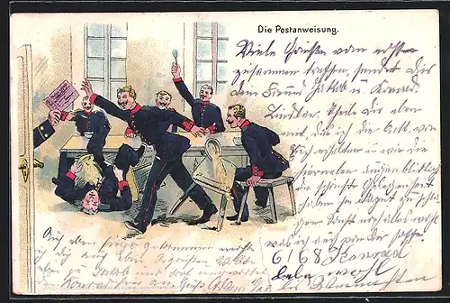Lithographie Die Postanweisung, uniformierte Soldaten in der Kantine springen auf, als die Feldpost hereingereicht wird