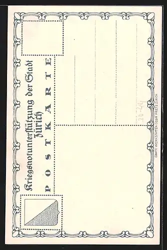 Künstler-AK Zürich, Unser täglich Brot gib und heute, Frau sitzt mit Blumenkorb auf der Strasse