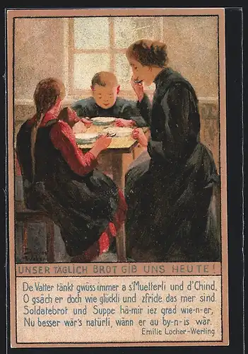 Künstler-AK Zürich, Kriegsnotunterstützung, Mutter mit Kindern am Tisch
