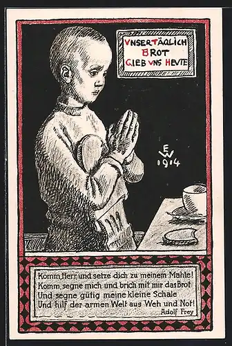AK Zürich, Kriegsnotunterstützung, Knabe im Gebet vor dem Essen