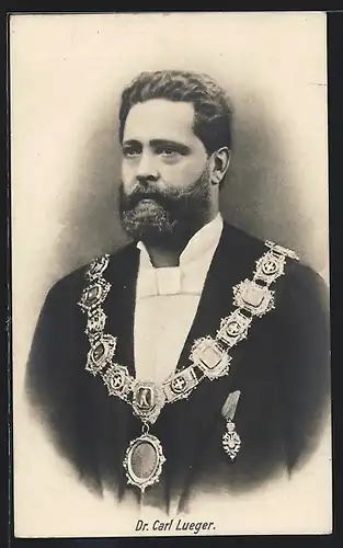 AK Wien, Portrait Bürgermeister Carl Lueger mit Amtskette und Fliege