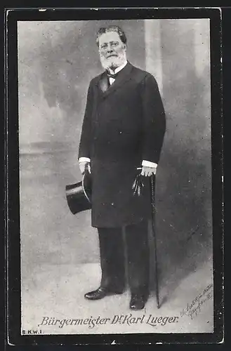 AK Bürgermeister Carl Lueger im schwarzen Anzug mit Zylinder und Gehstock
