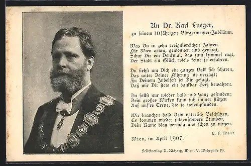 AK Portrait von Bürgermeister Carl Lueger mit Ehrenabzeichen um den Hals