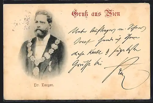 AK Bürgermeister Carl Lueger im schwarzen Anzug mit Vollbart, Orden und Amtskette