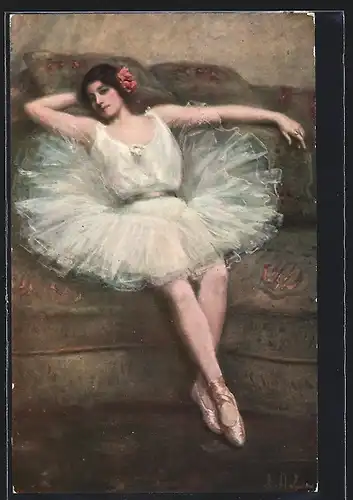 Künstler-AK Ballett-Tänzerin Mlle. Delions auf einem Sofa