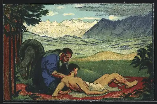 AK Schweizer Bundesfeier 1917, Mann versorgt einen verletzten Jungen