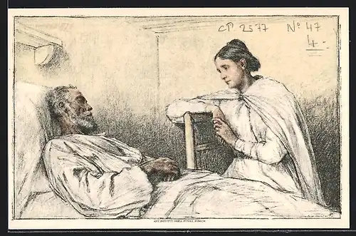 Künstler-AK Schweizer Bundesfeier 1927, Krankenschwester am Krankenbett