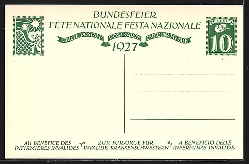 Künstler-AK Schweizer Bundesfeier 1927, Krankenschwester am Krankenbett