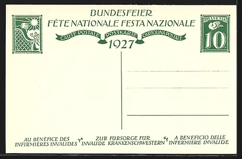 Künstler-AK Schweizer Bundesfeier 1927, Krankenschwester am Krankenbett