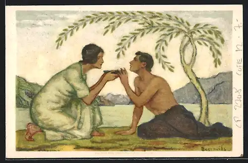 Künstler-AK Schweizer Bundesfeier, Frau reicht Mann eine Schale